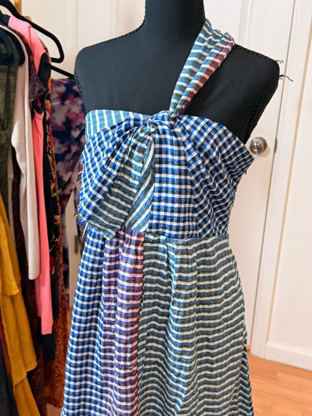 Maeve Anthropologie Blue Plaid Gingham One Shoulder Midi Dress Size 8 NWT - Picture 2 of 9